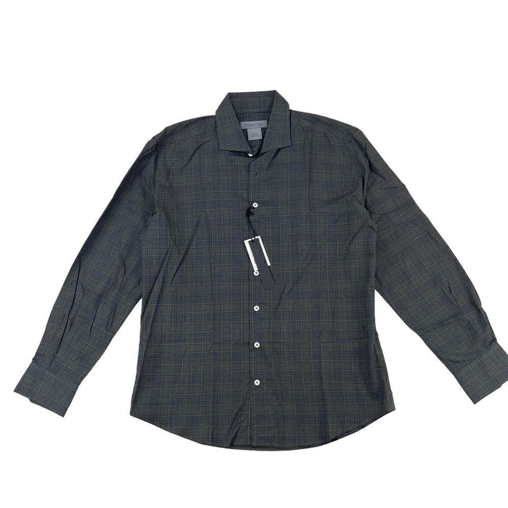 New Dylan Gray Men US L Dress Shirt Button Down Long Sleeve Gray Olive Plaid
